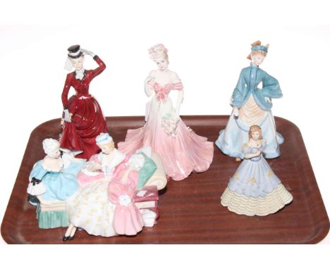 Royal Doulton The Love Letter, Staffordshire Lavinia, two Coalport Fairest Lily and Beau Monde, and Royal Worcester Rebecca.