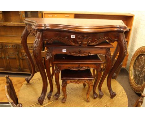 Serpentine front console table and similar nest of three tables.