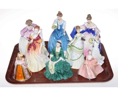 Six Royal Doulton figurines, Sara, Helen, Ashley, Thinking of You, Fiona and Lady from Williamsburg, One Coalport figure, Tra