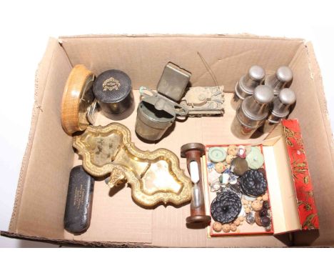 Box of collectables including medicine glass minim measure, chemist glass bottles in metal casing, spectacles in casing, spec