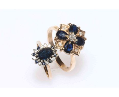 Sapphire and diamond 9 carat gold ring, size Q/R, and another small sapphire and diamond ring (2).