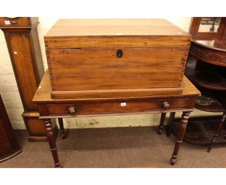 Early 19th Century mahogany single drawer writing/side table on turned legs, hardwood trunk and pair framed coloured prints (