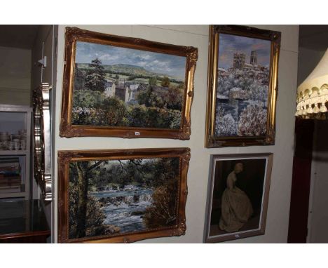 Gerald Hodgson, Askrigg, Aysgarth Falls and Durham Cathedral, three framed oils and framed print 'The Secret' (4).