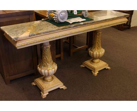 Rectangular marble topped twin pedestal console table, 76cm high by 150cm wide by 37cm deep.