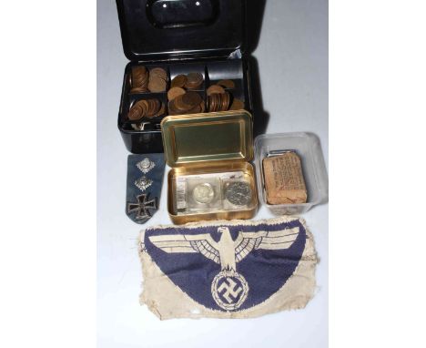 Collection of coinage including some pre 1947 silver, WWI Commemorative King's Shilling presentation pack, 1939 Iron cross ba