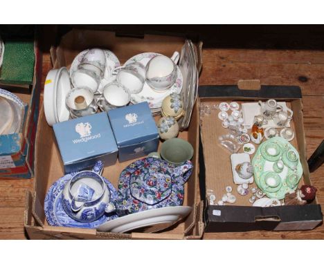 Glass epergne, four glass decanters, blue and white meat plate, Masons Vista meat plate and bowl, Shelley teaware, dolls chin