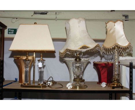 Three crystal glass table lamps with six shades and a modern centre scene light fitting.