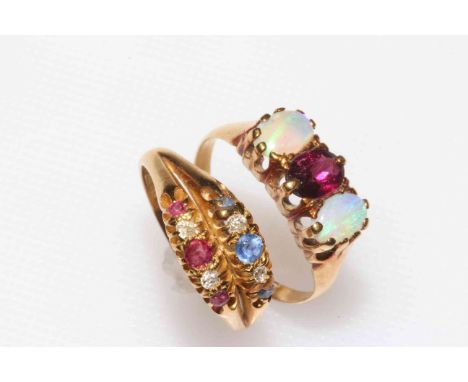 18 carat gold, opal and ruby three stone ring, size Q, and 18 carat gold, diamond, ruby and sapphire ring (2).