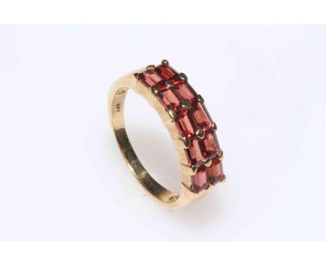 9 carat gold ring, set with ten rectangular cut stones, size P.