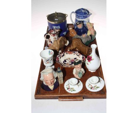 Wedgwood blue Jasperware biscuit barrel, Maling jug, Royal Doulton Old Salt teapot, John Doulton and Albert Sagger character 