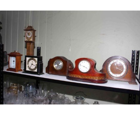 Six mantel clocks including mahogany inlaid, Art Deco style, Griffiths and Hutton.