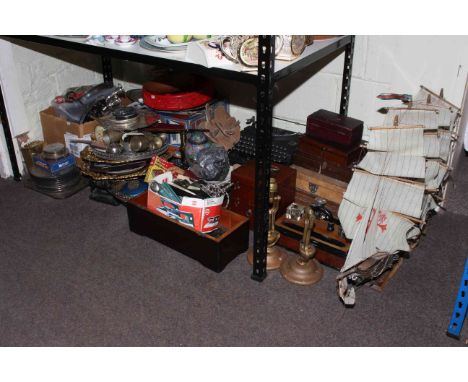 Collection of metalwares including cloisonne jars, inkwell, model yacht on stand, medical apparatus, inlaid wooden boxes, typ