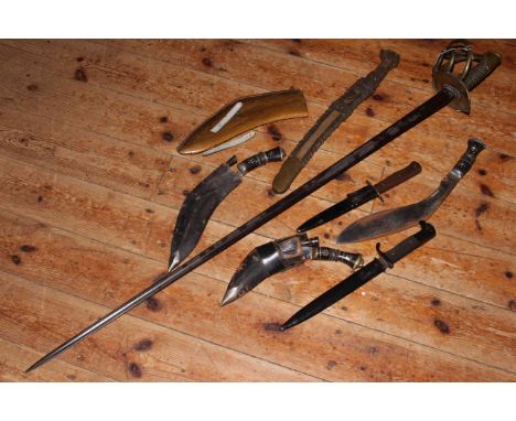 French sword dated 1837, Kennedy Oriental bayonet and scabbard, kukri knives and others.