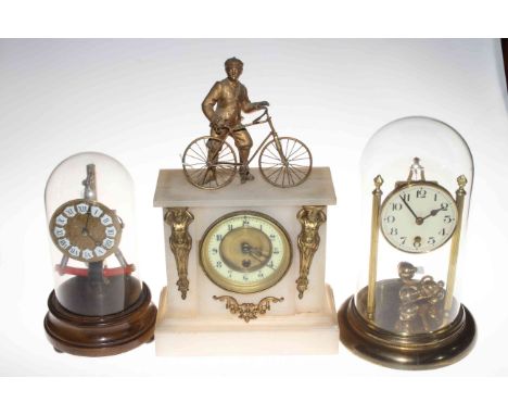 Alabaster and gilt metal mantel clock with cyclist and two anniversary clocks (3).