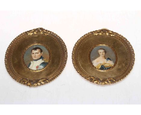 Pair 20th Century gilt framed portrait miniatures of Napoleon and Josephine, 16cm by 14cm.