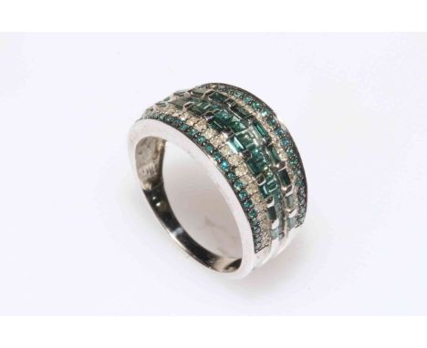 9 carat white gold, diamond and sea green colour multi stone ring, size R.