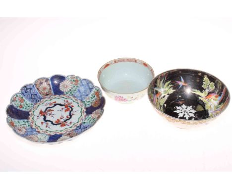 Lustre bird and floral decorated bowl, Imari design dish with six character mark to base, Chinese Famille rose bowl and four 