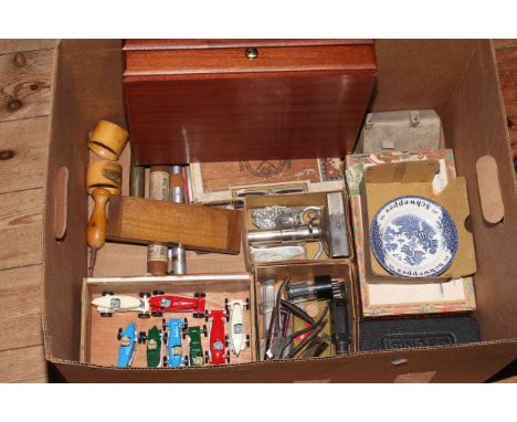 Box of collectables including cigar and coin boxes, model vehicles, two Mauchline Ware napkin rings, etc.