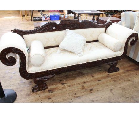 Regency style scrolled arm settee in light classical fabric, 87cm high by 221cm long by 60cm deep.