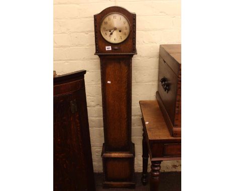 Oak grandmother clock, oak wall clock and two mantel clocks (4).