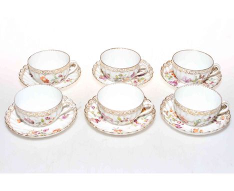 Set of six Dresden flower painted cabinet cups and saucers.