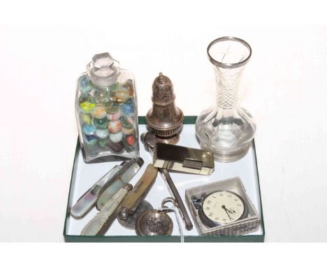 Four silver and mother of pearl folding fruit knives, silver pepper, old glass marbles, two watches, lighter, vase, etc.