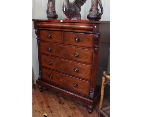 Victorian mahogany six drawer Scotch chest on turned legs, 138cm high by 120cm wide by 58cm deep.
