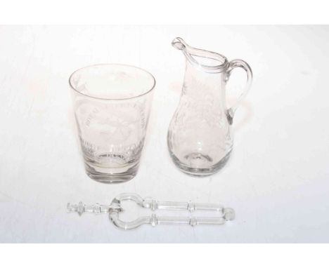 Royal Forresters 1828 glass tumbler, engraved Victorian 'Cream' jug and pipe damper in the form of fire tongs (3).
