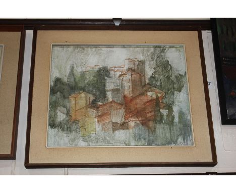 Frederick Donald Blake (1908-1997), modernist village scene, Pugliola (La Spezia), mixed media, unsigned, 37.5cm by 47.5cm