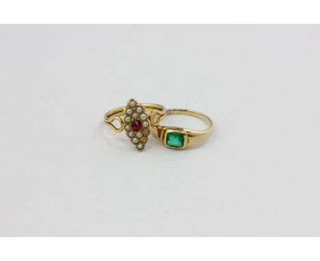 An Edwardian ruby and split pearl ring in 18ct gold and an emerald ring