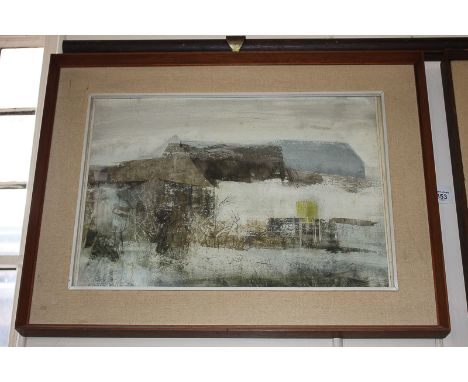 Frederick Donald Blake (1908-1997), rural scene with farm buildings, 'Welsh Farmhouse', mixed media, signed, 33.5cm by 48.5cm