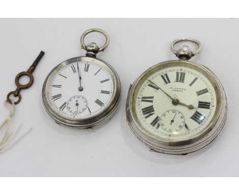 A silver open face pocket watch, the dial signed H Stone, another with engine turned case