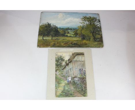 Helen Jackson (19th century), figures on a country path beside a cottage, watercolour, signed and dated 1892, unframed, 21cm 