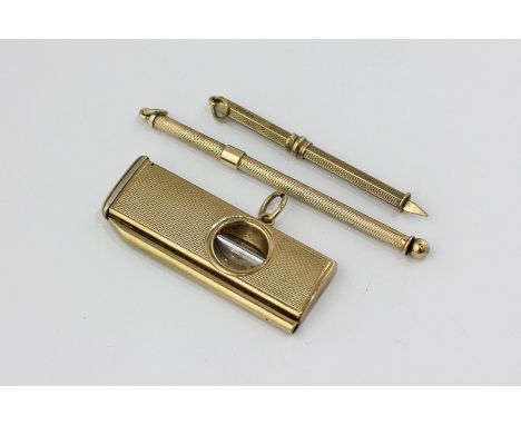 A 9ct gold cigar cutter, engine turned, by S. J. Rose; a 9ct gold swizzle stick and a 9ct gold tooth pick, 18g weighable