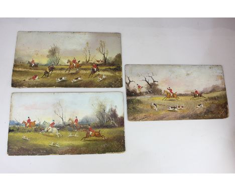 Philip H Rideout (1850-1920), three hunting scenes of figures on horseback with dogs, oil on board, each signed and dated 189