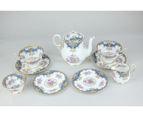 A Shelley porcelain part tea set of teapot, sugar bowl, cream jug and two cups and saucers, and side plates, in Sheraton patt