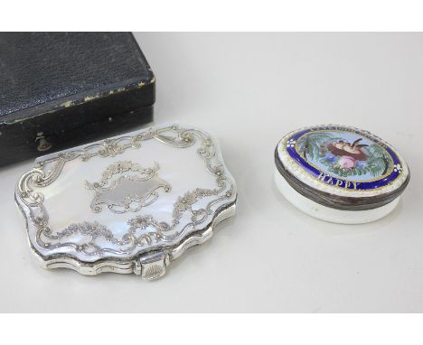 A mother of pearl purse with garland pierced silver mounts together with an 18th century Bilston, Staffordshire enamel oval p