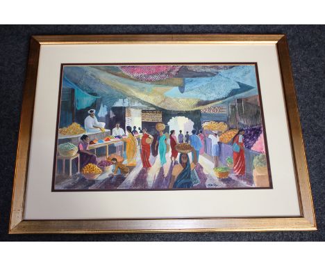 M Bridge (20th century), Indian market scene, 'Spice Market, Mysore', mixed media, 38cm by 56cm
