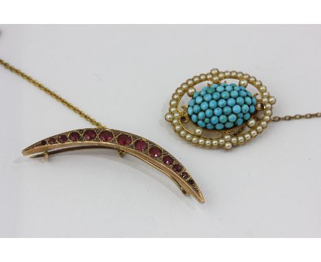 An Edwardian turquoise and split pearl brooch with a central oval turquoise cluster within a pierced border; and a ruby and d