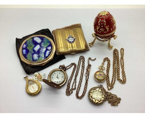 Halcyon Days Enamels Miniature Pendant Watch, on chain, further pendant watches, decorative enamel egg trinket box on stand, 