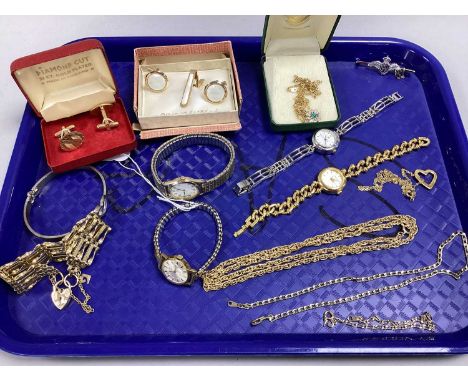 Omega and Other Ladies Wristwatches, gilt metal chains, gate link bracelet, sprung hinge bangle, cufflinks, RAF bar brooch, A