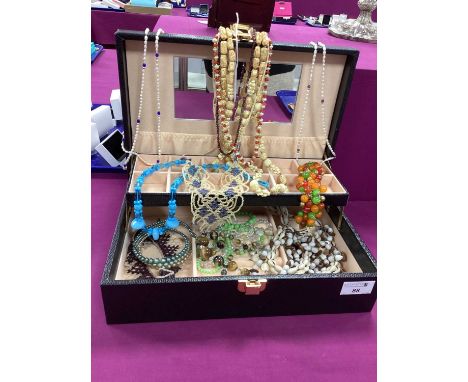 Vintage and Other Bead Necklaces, including small fresh water pearls, etc, contained in a jewellery box.