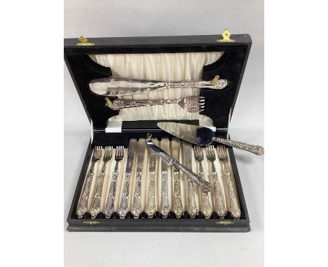 Hallmarked Silver Handled Cake Slice and Cheese Fork, together with a Postons Lonsdale Plate set of six fish knives and forks