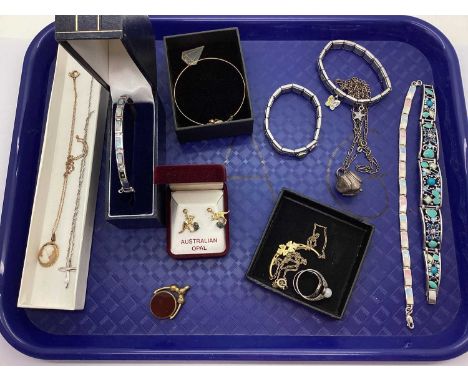 Modern "925" Hinged Bangle, shell inset bracelet, Nomination bracelets, gilt metal, novelty triple heart locket pendant on ch