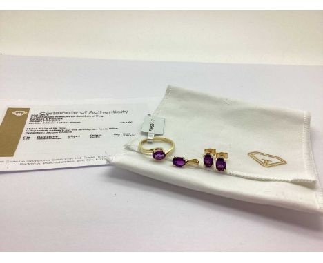 The Genuine Gemstone Company Ltd; A 9ct Gold Kalomo Amethyst Stone Set Ring (finger size O), with matching pendant and stud e