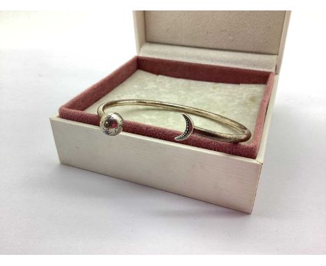 Pandora Moments Modern Torque Bangle, with ball and moon finials, stamped "Pandora S925 ALE", in a Pandora box.