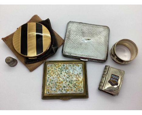 Powder Compacts, a hallmarked silver napkin ring, Southport vintage souvenir book vesta case, thimble stamped "Sterling Silve