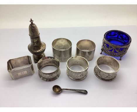 Hallmarked Silver Napkin Rings, (initialled and inscribed) including engine turned and foliate engraved; a hallmarked silver 