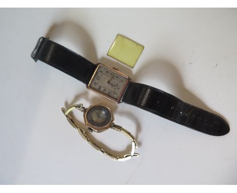A 9ct manual wind watch with plated strap, running, and a 9ct gents manual wind watch with leather strap, running, glass loos