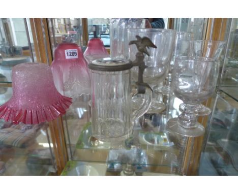 A collection of seven 18th century and 19th century glassware including three runners and tankard with enamel lid, tallest 20